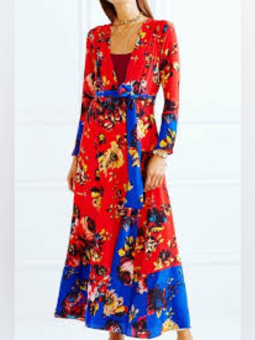 💜#70 BNWT 200% Silk we are LEONE Floral Red & Blue Wrap Maxi Dress with Belt